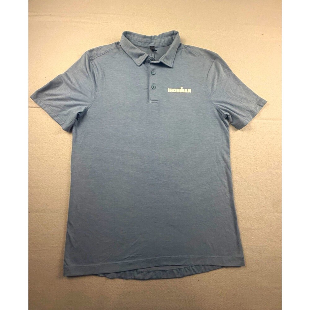 lululemon Evolution Polo M Blue Solid Collared Button Ironman Logo